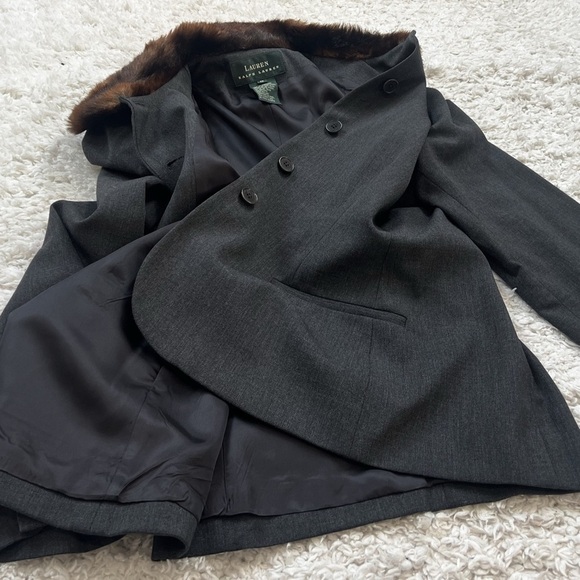 Lauren Ralph Lauren Vintage Wool Faux Fur Collar Blazer Jacket Gray Brown 12 - Picture 6 of 9